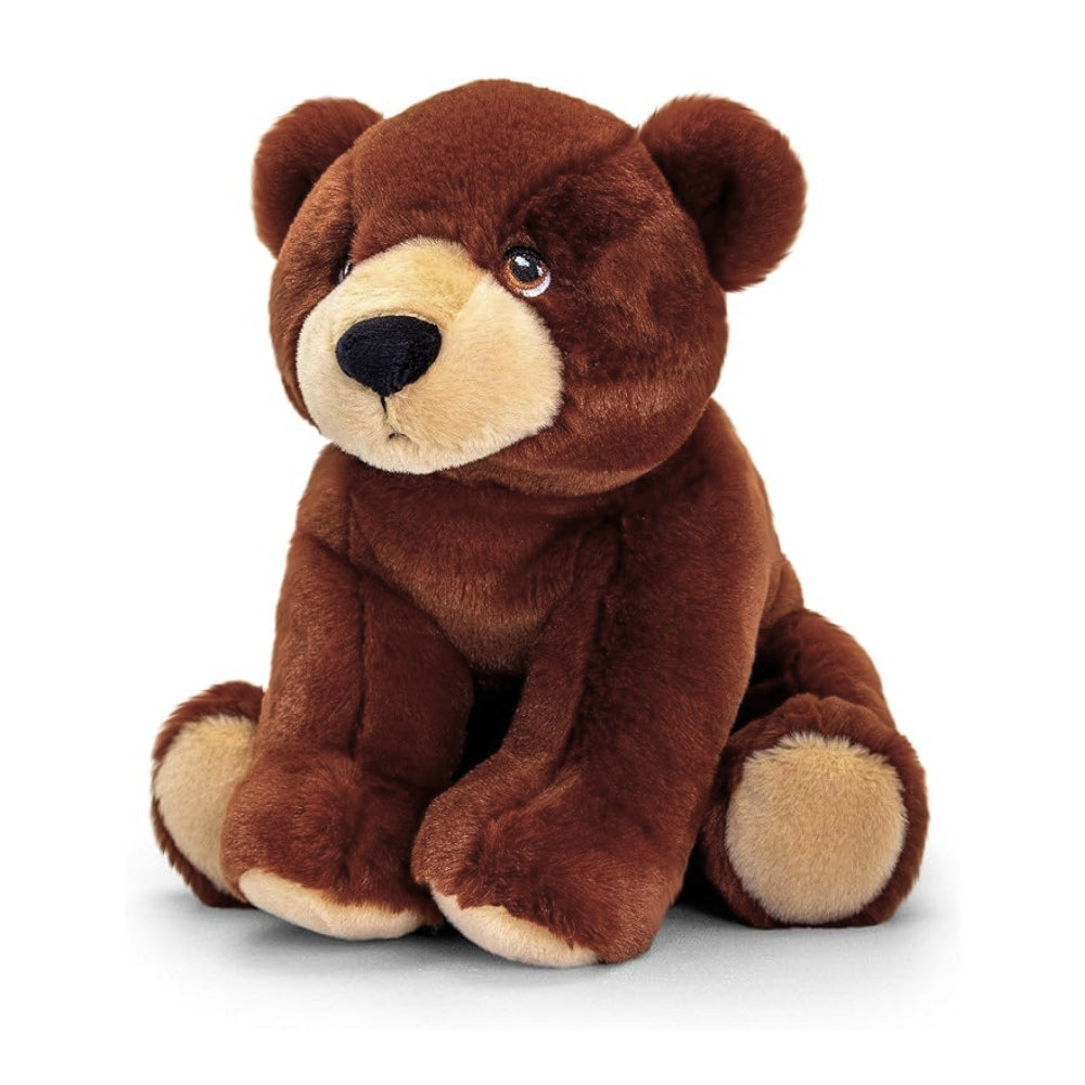 A brown plush teddy bear with a cream-colored snout, paws, and ears, sitting against a plain white background.