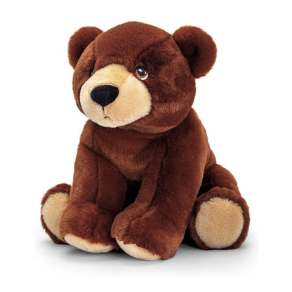 A brown plush teddy bear with a cream-colored snout, paws, and ears, sitting against a plain white background.