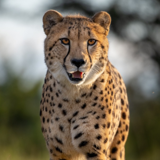A close-up photograph of a cheetah looking directly at the camera with a blurred natural background.