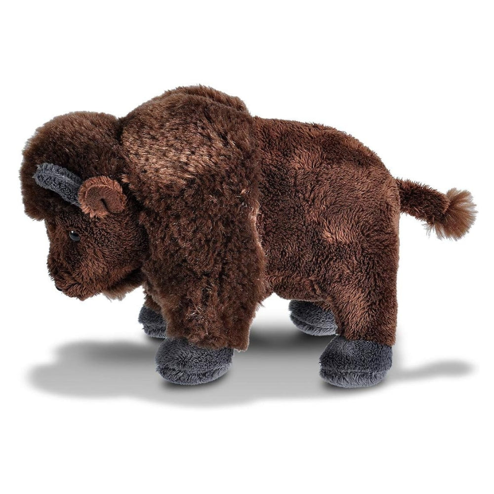 A plush toy bison with dark brown fur and gray hooves, shown in profile against a white background.