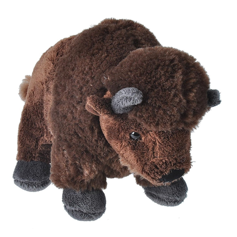 A plush toy bison stuffed animal in shades of brown with dark gray hooves, ears, and snout, photographed on a solid white background.