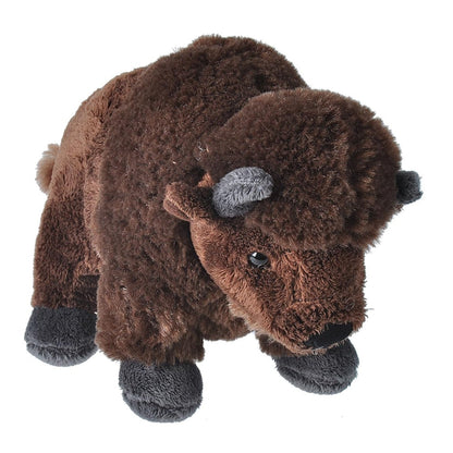 A plush toy bison stuffed animal in shades of brown with dark gray hooves, ears, and snout, photographed on a solid white background.