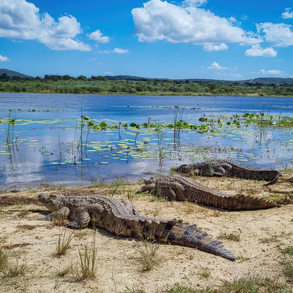Three crocodiles resting on sandy ground beside a calm blue lake with lily pads, distant green hills, and a bright sky with large white clouds.