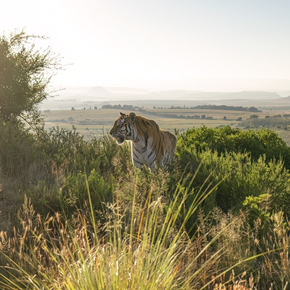 A large tiger stands in tall grass and shrubs on a hillside, with a wide savanna landscape and distant hills under a bright sky in the background.