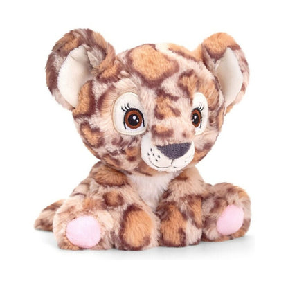 A plush toy cub with brown and tan spotted fur, large embroidered eyes, pink paws, and a white muzzle, posed against a plain white background.