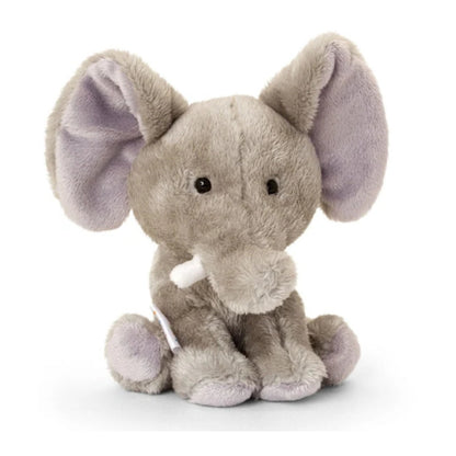 A plush toy elephant in shades of gray and lavender, sitting on a clean white background.
